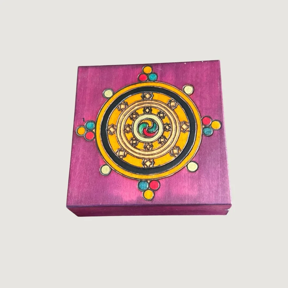 Vintage Polish Hand Carved Wooden Trinket Box Purple Mandala Design